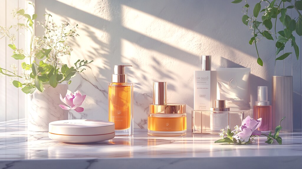 Amber skincare bottles and jars with flowers sit on a white marble ledge in warm sunlight. — illustrating “April Empties” on Florence and Mary