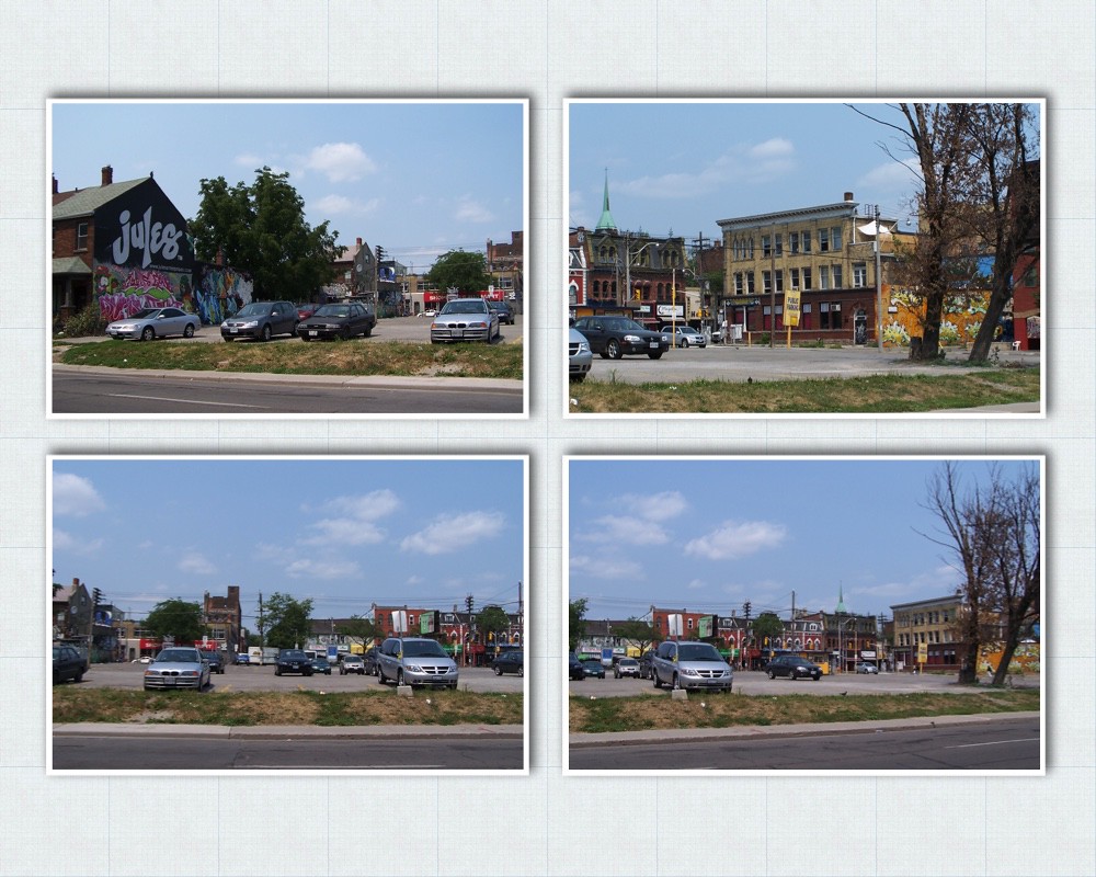 A four-photo collage shows an urban parking lot with cars, brick buildings, and street art under blue sky. — illustrating “August Empties” on Florence and Mary