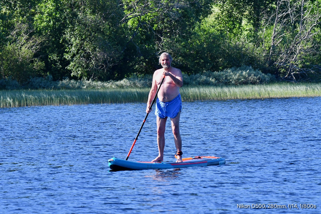 A shirtless gray-bearded man in blue trunks paddleboards on calm blue water before green reeds and trees. — illustrating “Beauty // Try Before You Buy” on Florence and Mary