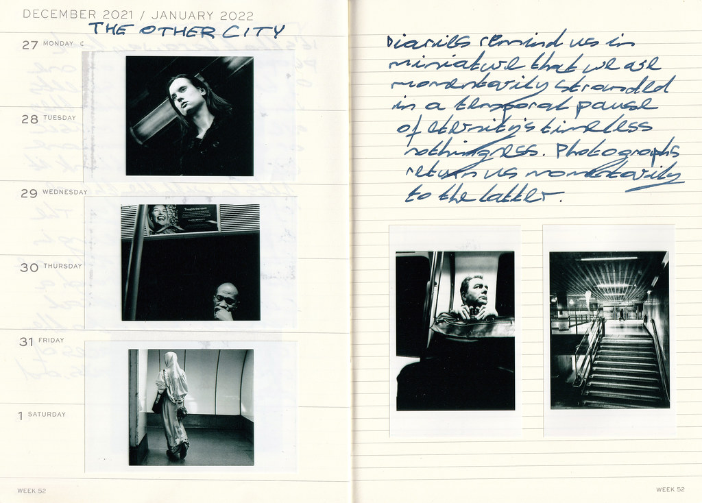 A Week 52 planner spread titled The Other City holds subway Polaroids and a blue handwritten paragraph. — illustrating “BEDM: Fit and Healthy” on Florence and Mary