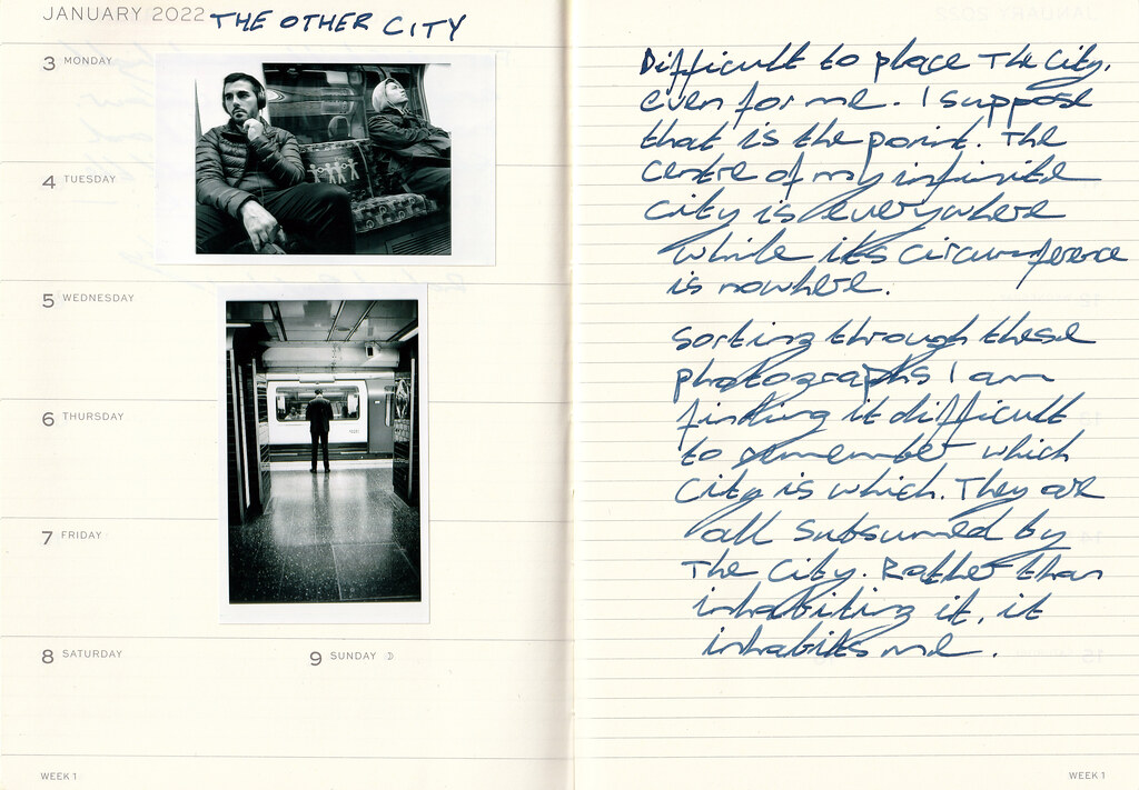 A scanned journal page pairs two black-and-white subway photographs with blue THE OTHER CITY handwriting. — illustrating “BEDM: Five Fave Blogs” on Florence and Mary