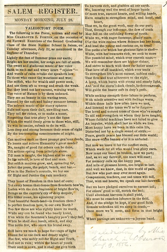 A yellowed Salem Register newspaper clipping prints a two-column valedictory poem by Charlotte L. Forten. — illustrating “BEDM: My Typical Day - Part 1” on Florence and Mary