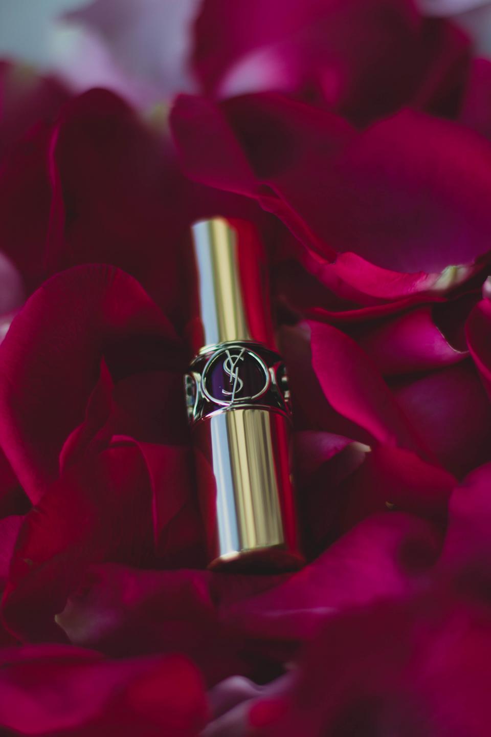 A gold lipstick tube with an ornate logo band rests vertically among lush deep pink rose petals. — illustrating “Clarins Gentle Eye Make-Up Remover Vs L'Oreal Absolute Eye…” on Florence and Mary