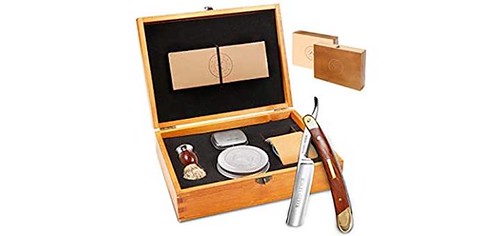 A light wood grooming kit displays a straight razor, shaving brush, and metal tins on a white background. — illustrating “Guest Review by my brother on Dove Men+Care” on Florence and Mary