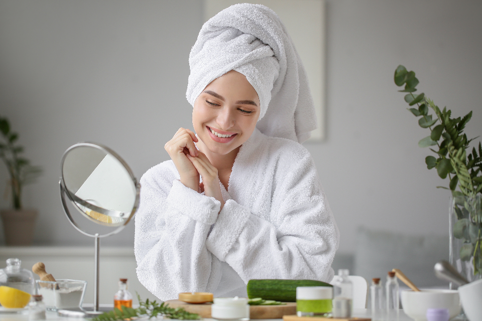 A woman in a white bathrobe and head towel sits at a table with cucumbers, a mirror, and creams. — illustrating “June Empties | Bath time” on Florence and Mary