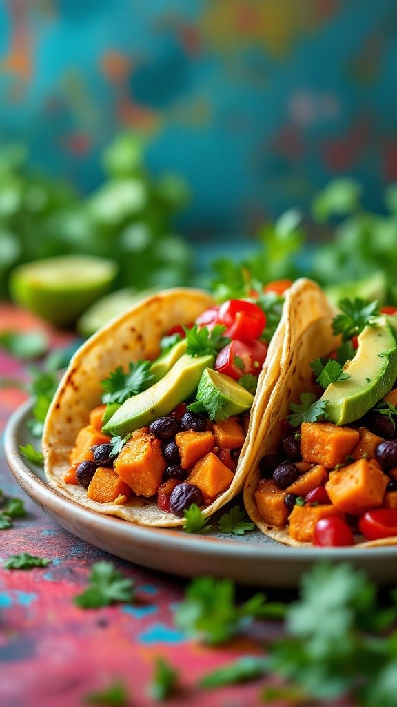 Two soft tacos filled with sweet potato, black beans, avocado, and cherry tomatoes rest on a ceramic plate. — illustrating “Last Minute Christmas Idea // Heston Blumenthal Precision P…” on Florence and Mary