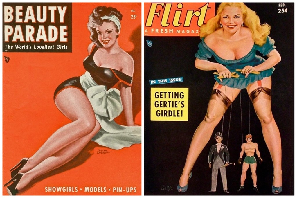 Two vintage pin-up magazine covers show a woman in a black swimsuit and another with marionettes. — illustrating “Margaret Dabbs Exfoliating Foot Mousse Scrub Review” on Florence and Mary