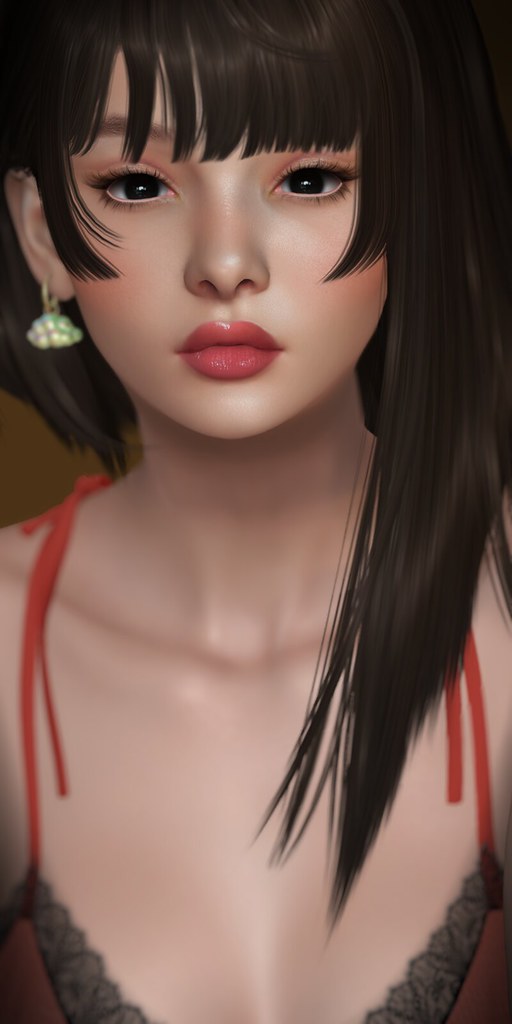 A digital portrait of a woman with dark bangs, glossy pink lips, and a pale green earring. — illustrating “My Lip Balm Collection” on Florence and Mary
