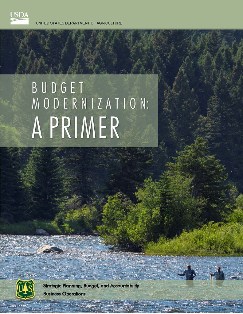 A USDA Forest Service cover shows fly fishers in a river beneath Budget Modernization: A Primer title text. — illustrating “My Primer Collection” on Florence and Mary
