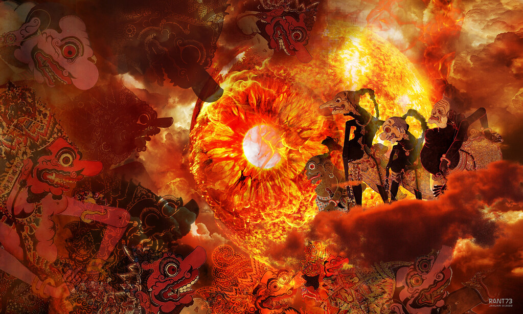 Digital collage of Indonesian shadow puppets over a fiery landscape with a glowing flaming eyeball. — illustrating “New Year New Diary” on Florence and Mary
