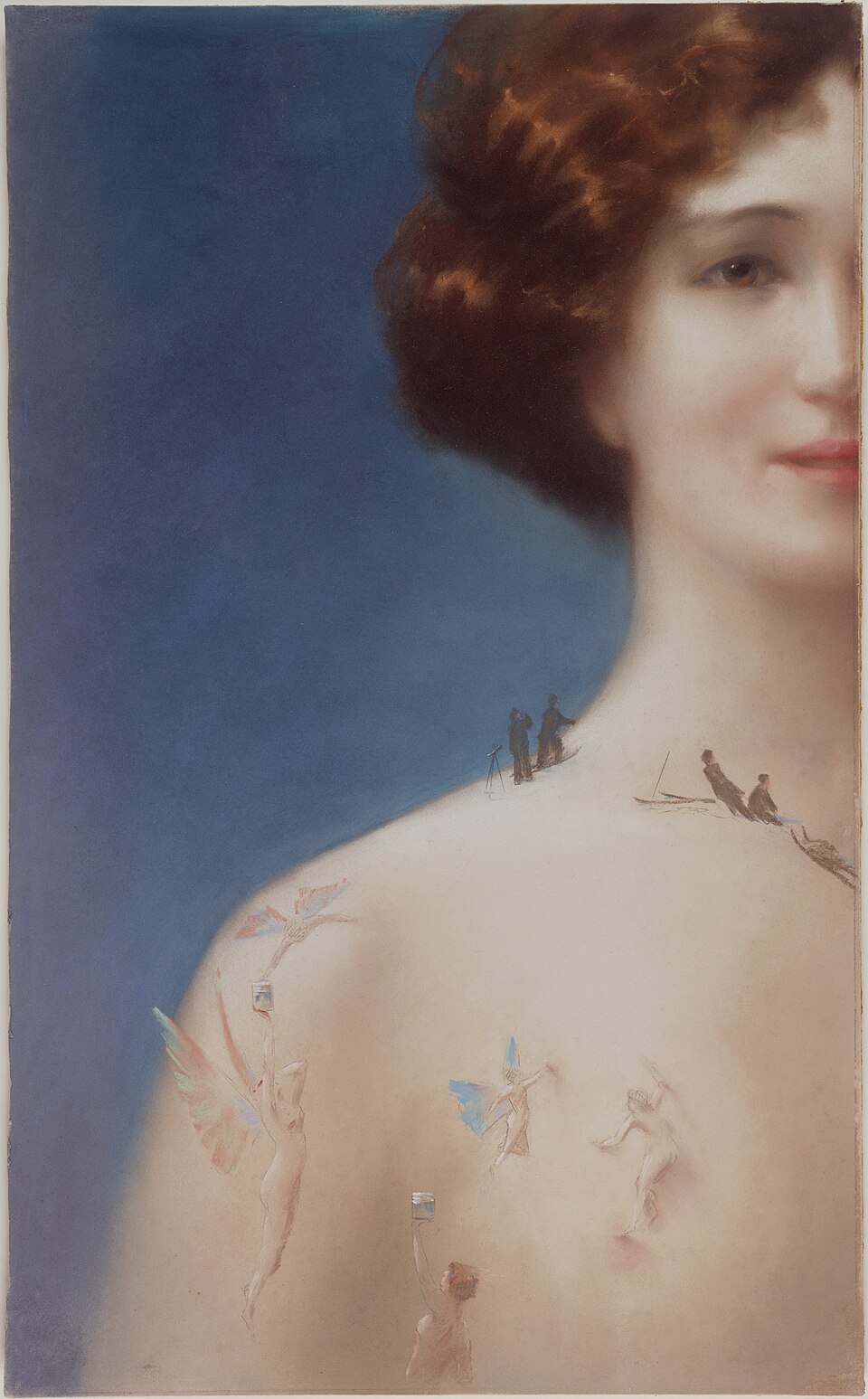 Painterly portrait of auburn-haired woman with tiny skiers on her neck and winged fairies nearby. — illustrating “Proactiv+ Introductory Core Kit Review” on Florence and Mary