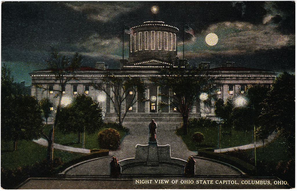 Vintage nighttime postcard of a grand stone building lit by string lights under a full moon. — illustrating “Products that didn't work for me #2” on Florence and Mary