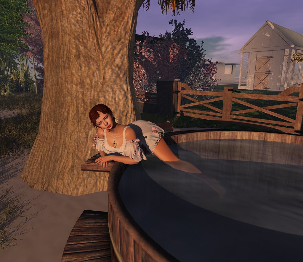 A digital woman with reddish hair leans over a wooden hot tub in a purple-sky garden. — illustrating “Products that don't work for me #3” on Florence and Mary