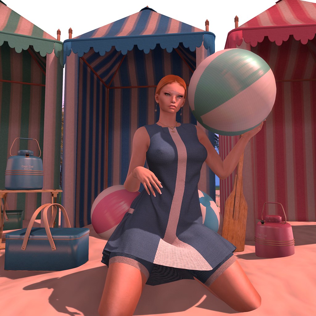 Digitally rendered woman in a blue dress kneels on a beach holding a striped ball by cabanas. — illustrating “Radox Shower Therapy Review” on Florence and Mary