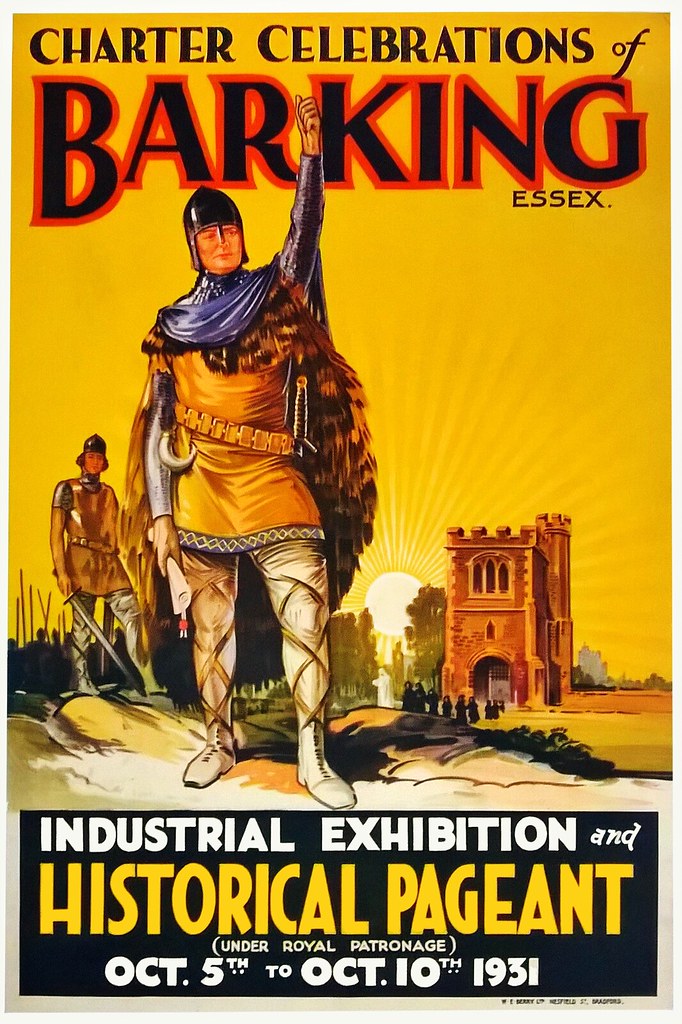 Vintage yellow poster of a medieval soldier with raised arm, stone gatehouse, and rising sun. — illustrating “Review // Barking in Essex” on Florence and Mary