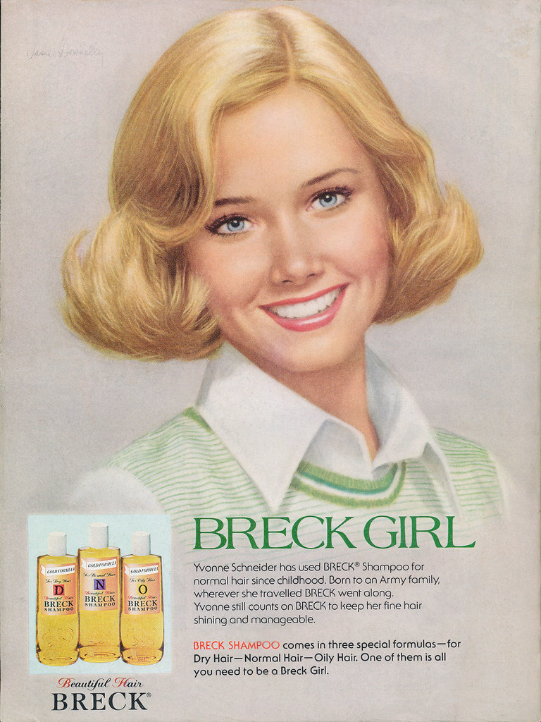 Vintage shampoo ad of smiling blonde in green striped vest beside three golden liquid bottles. — illustrating “Romantic Homes Magazine Giveaway!” on Florence and Mary