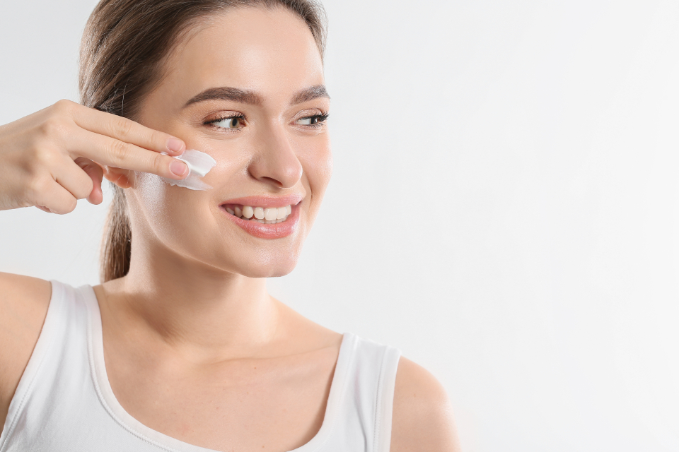 Young woman with brown hair smiles while applying white cream to her cheek on bright white. — illustrating “Soap & Glory Peaches & Clean Cleanser Review” on Florence and Mary