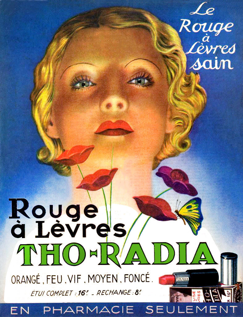 Vintage French poster with blonde face, red flowers, yellow butterfly, and lipstick on blue background. — illustrating “Tarte Cosmetics - Coming to the UK!” on Florence and Mary