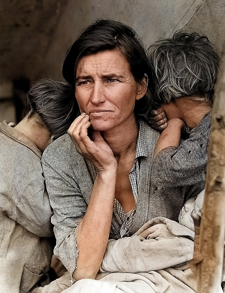 Colorized vintage photo of concerned woman in tattered grey cardigan with children leaning on her shoulders. — illustrating “The return of Florence and Mary” on Florence and Mary
