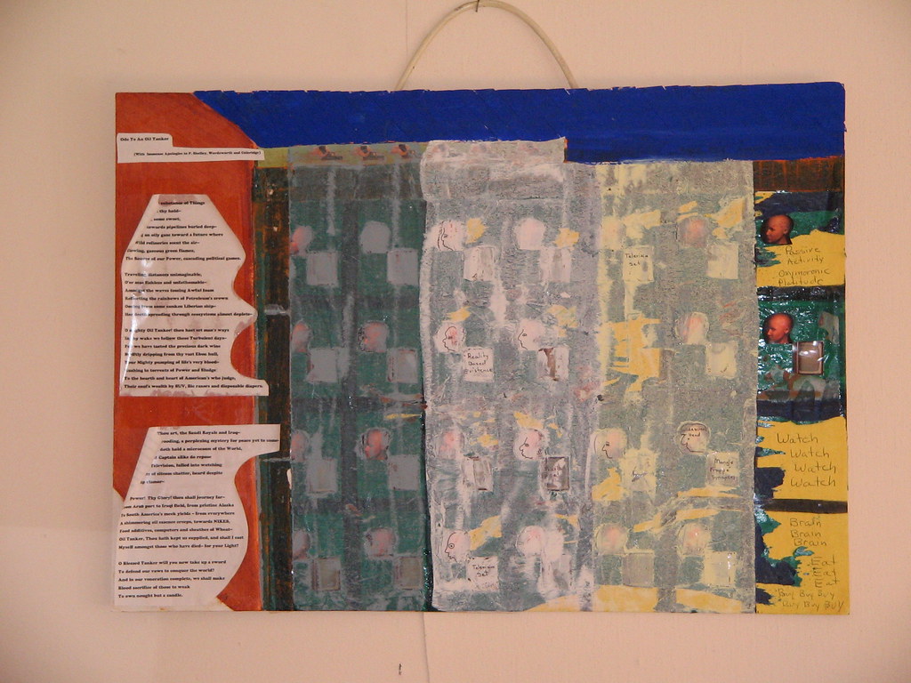 Mixed-media wall collage with typed poetry, colorful painted sections, and repeated small profile sketches. — illustrating “The Scent of a Man” on Florence and Mary