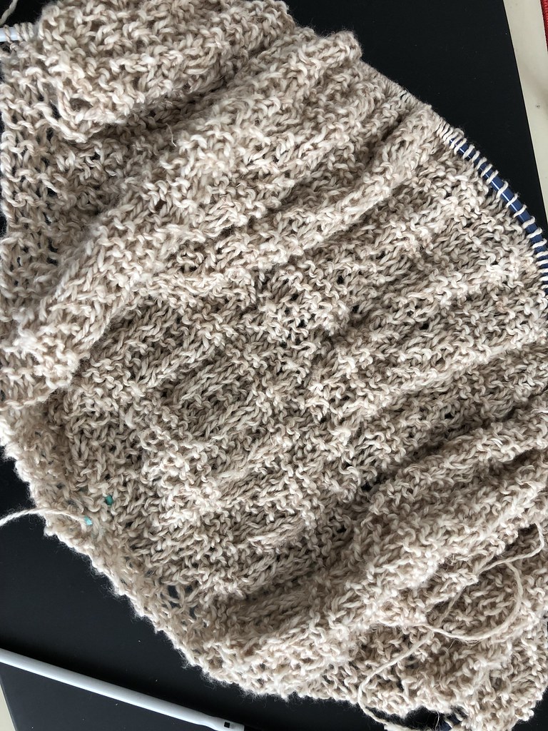 Beige textured knitting project in progress on a dark surface, still attached to blue-tipped needles. — illustrating “The Winter Project” on Florence and Mary