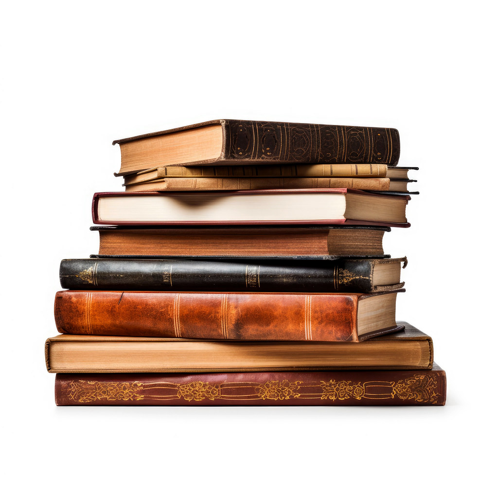 A stack of weathered vintage books with brown, black, and maroon covers on white background. — illustrating “Week 44 // What I'm Reading: Killer Queens” on Florence and Mary