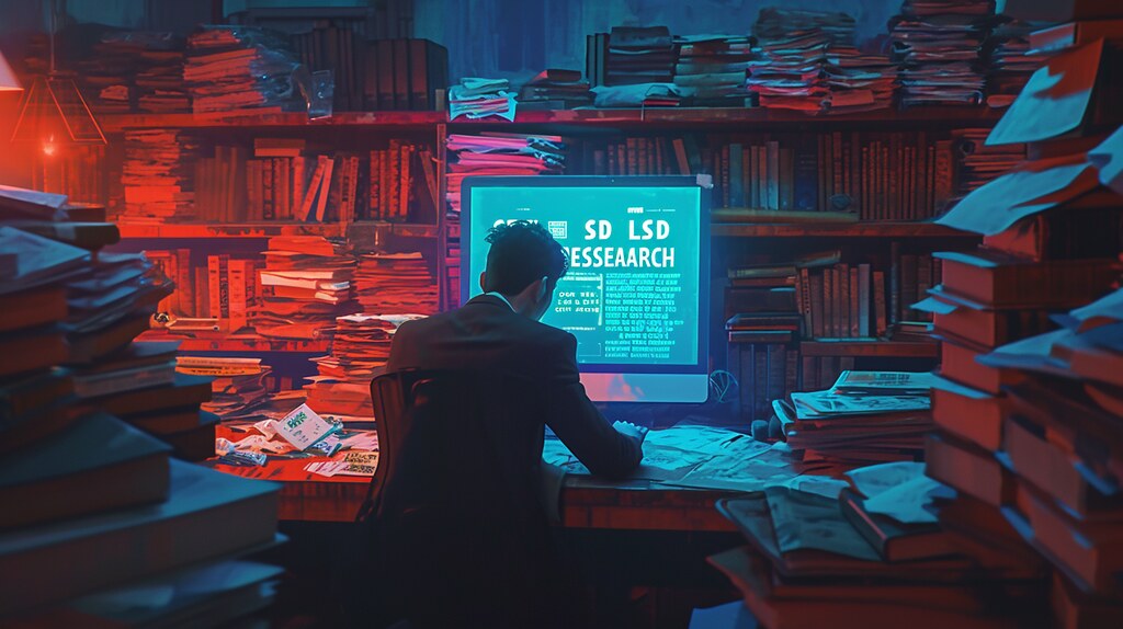 A person sits at a desk amid tall book stacks facing a glowing teal research monitor. — illustrating “Week 39 // What I'm Reading: About a Girl” on Florence and Mary