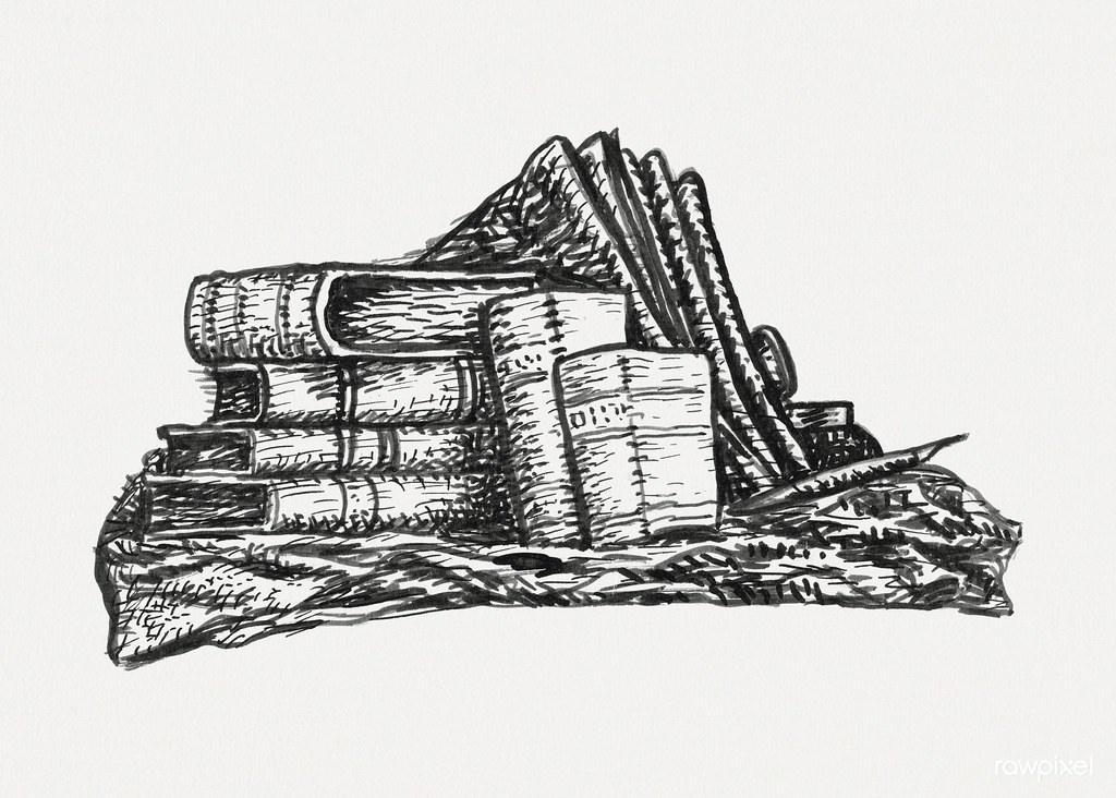 A black-and-white ink illustration of antique books stacked and leaning on a textured surface. — illustrating “What I'm Reading - Week 13” on Florence and Mary